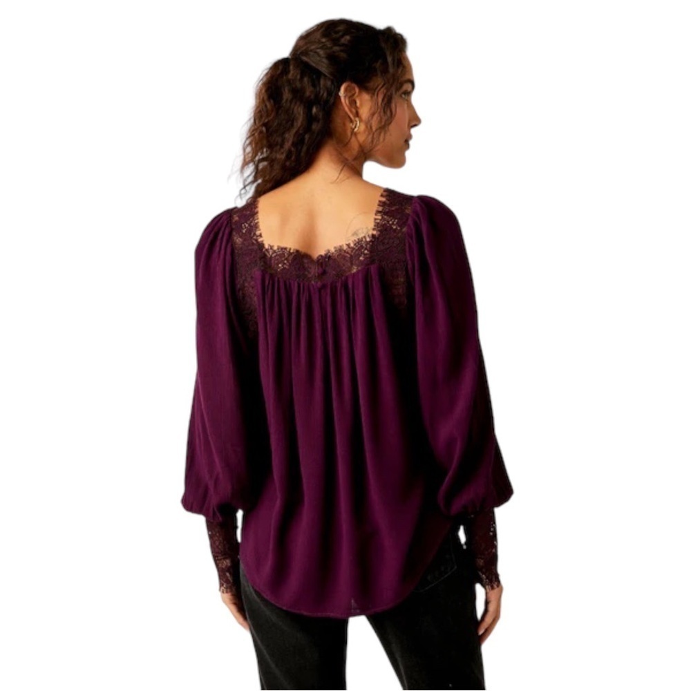 Free People Flutter By Peasant Lace Trim Square Neckline Blouse in Plum - Picture 3 of 13